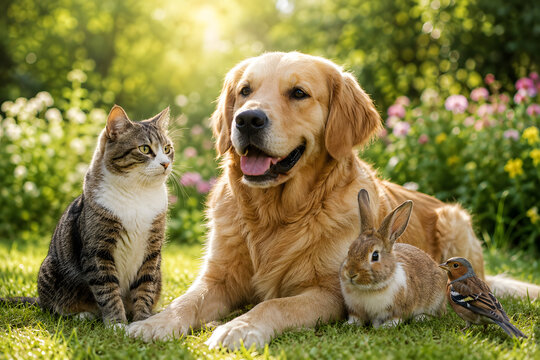 Golden retriever, tabby cat, rabbit, and bird in a garden.