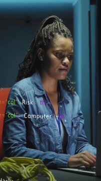 In office, woman working on laptop with animation of digital code overlay