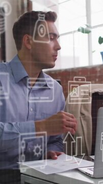 Discussing digital data animation, business professionals in modern office setting