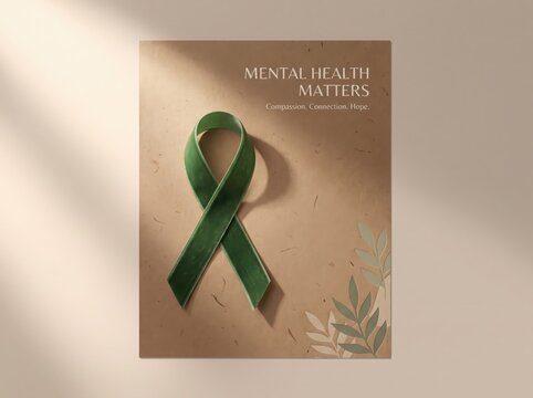 Green Mental Health Awareness Ribbon on Textured Earth Tone Background