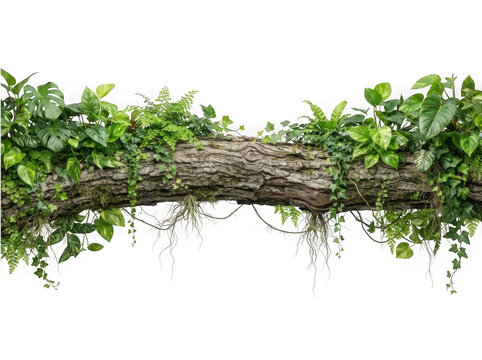 Horizontal tropical jungle tree trunk with lush green foliage isolated on transparent background