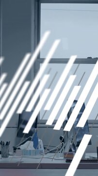 Business people working at office desks with abstract white line animation overlay