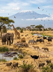 Fototapeta premium Majestic African Wildlife Panorama Featuring Elephant Lion Giraffe and Zebra with Mount Kilimanjaro Background