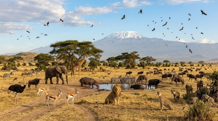 Fototapeta premium Diverse African Wildlife Gathering in Savanna with Mount Kilimanjaro Background, Lion Elephant Giraffe Zebra Cheetah
