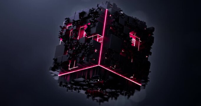 Abstract futuristic cube rotates while black geometric elements continuously move up and down across its surface with glowing red neon lines.