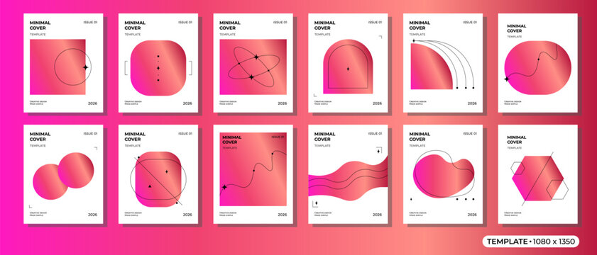 Set of 12 minimal Instagram post cover templates in 1080 x 1350 px size with vibrant pink and coral gradients, abstract geometric shapes and modern line elements. Contemporary social media design.