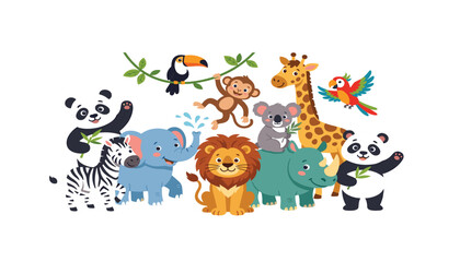 Fototapeta premium Cute cartoon safari animals vector set with lion giraffe elephant zebra panda koala rhino monkey and tropical birds
