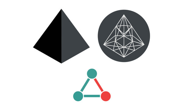 Minimalist spatial data icon set with solid and wireframe pyramids and vertex node symbols on white. Technical geometry and analytics concept