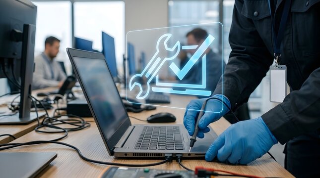 IT technician repairing laptop with digital diagnostic hologram.