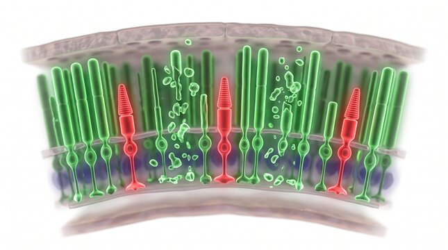 3D Microscopic Diagram of Rod Cell Apoptosis in Retinitis Pigmentosa