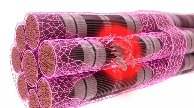 3D Microscopic Diagram of Muscle Cell Membrane Rupture in Muscular Dystrophy