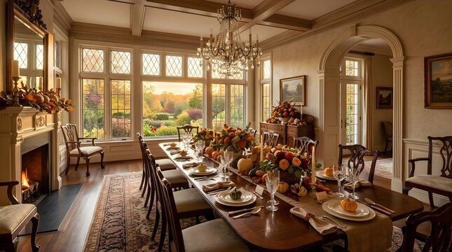 Elegant dining room set for a Thanksgiving dinner with autumn decor