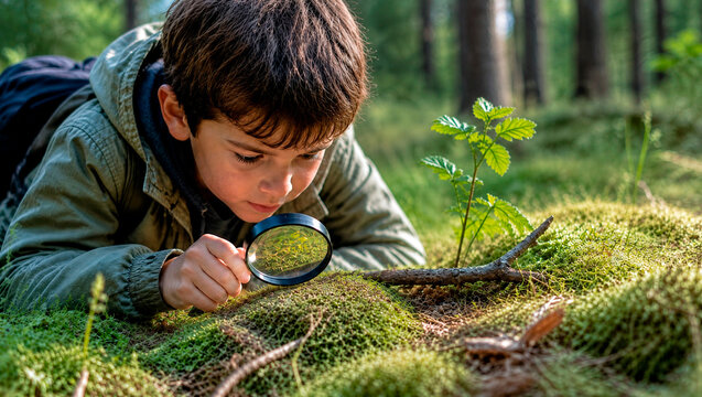 A child explores nature with a magnifying glass in a green forest, examining moss and plants on the forest floor. A concept representing childhood curiosity, environmental education, and the discovery
