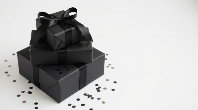 Stack of three black gift boxes with satin ribbons and bows, decorated with black confetti, isolated on white background black friday