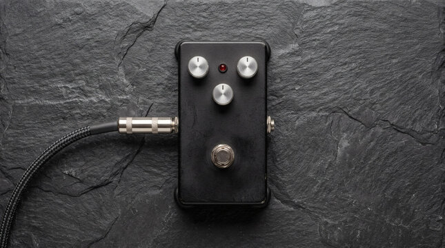 Black Guitar Effects Pedal with Audio Cable on Dark Slate Background, Top View