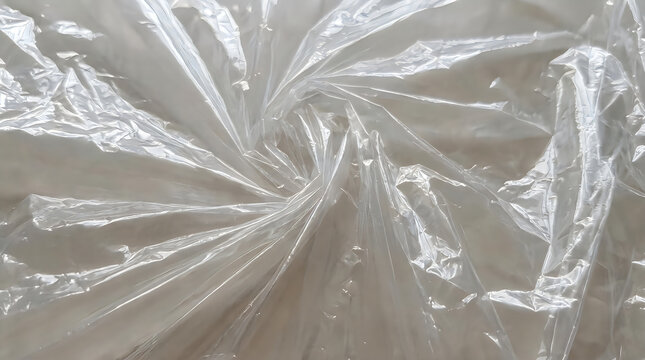 Transparent crumpled cellophane plastic background macro photo, wrapping film texture abstract pattern