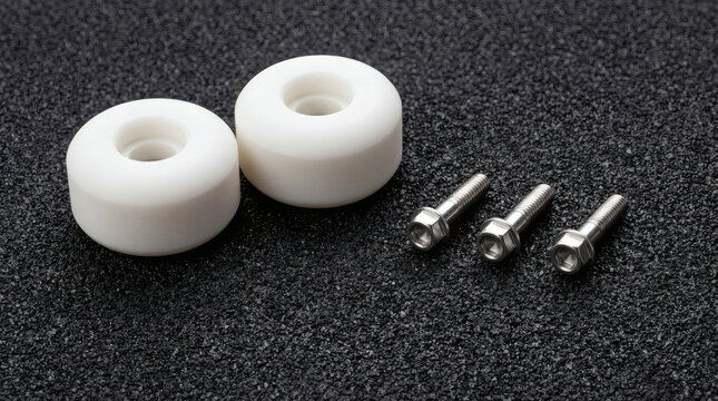 Close-up of two white skateboard wheels and three metal bolts on a black textured grip tape background, essential components for skateboarding equipment assembly and maintenance.