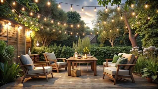 A garden patio with string lights and wooden furniture