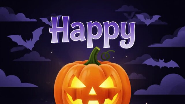 Animation Jack o lantern pumpkin glows with spooky text and flying ghosts on a dark cloudy background with bats for autumn holiday with glowing Video.