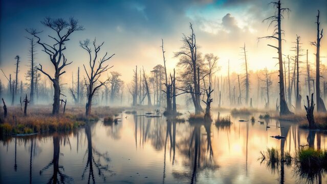 A misty and eerie swamp landscape shrouds ancient dead trees and fog an unsettling stillness pervades the air