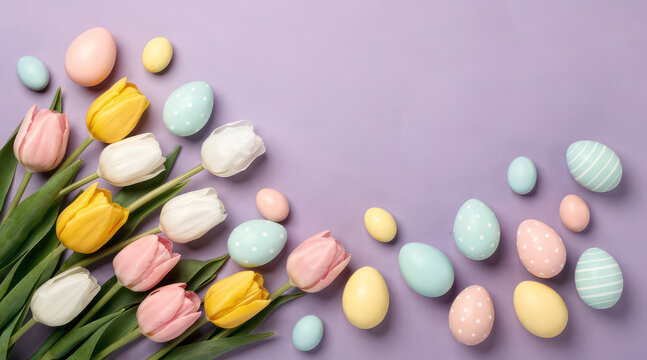 Pastel easter eggs and spring tulips on a purple background