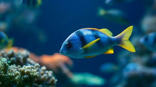 A vibrant blue fish with yellow fins glides gracefully through a colorful coral reef under deep blue ocean water