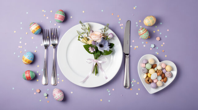 Easter table setting with flowers and patterned eggs on purple background