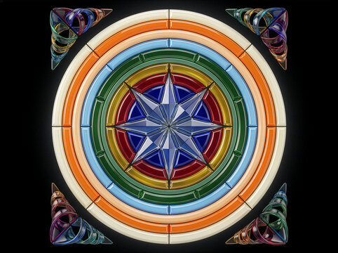 Top-down 3D render of a colorful stained glass circular medallion with a facetted blue crystal star in the center, rainbow concentric rings, and glossy corner decorations.