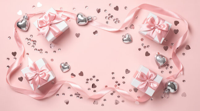 Pink gift boxes and silver heart ornaments on pastel background