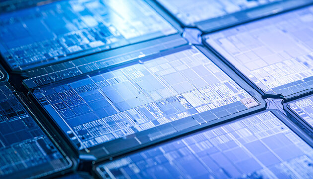Silicon Wafer Grid: A macro view of a silicon wafer, revealing intricate patterns and circuitry, bathed in a cool blue light.