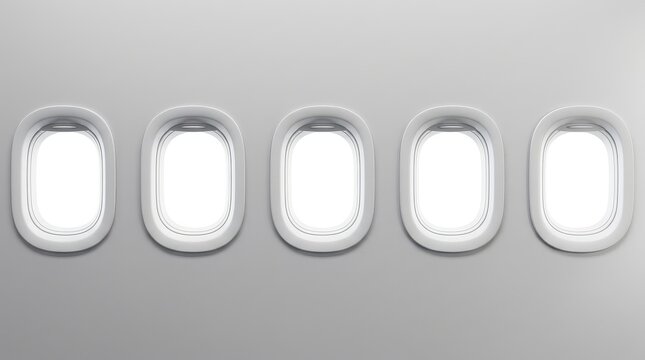 Row of Five Minimalist Airplane Windows with Bright White Light for Travel and Aviation Concepts