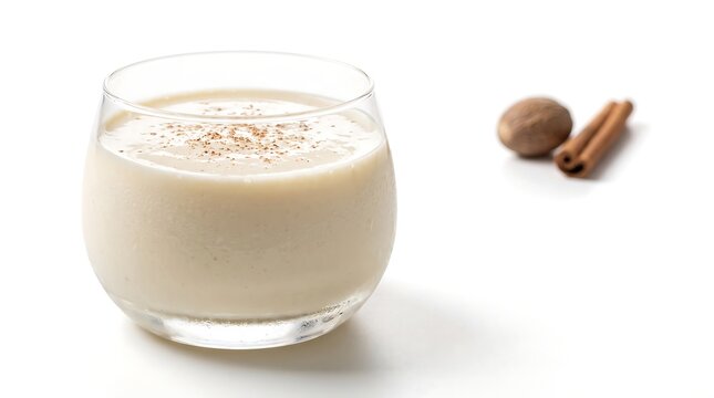 A glass of creamy eggnog with cinnamon stick and nutmeg on white background.