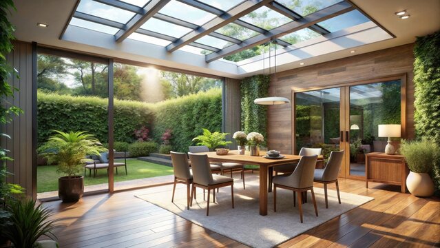 Modern dining room opening onto a beautiful garden with skylight