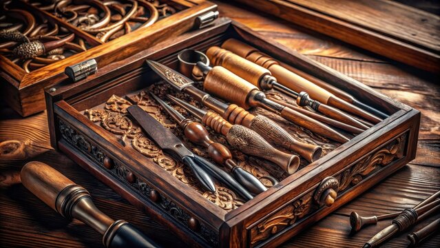 Intricate antique wood engraving tools lay nestled within an ornate honeybrown wooden box
