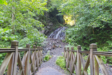 Fototapeta premium Symmetrical View of Wooden Bridge Pathway Leading to Cascading Waterfall