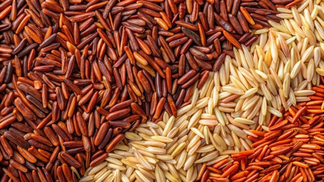 A vibrant tapestry of brown and crimson hues sprawls woven from slender grains of wild rice and plump red rice