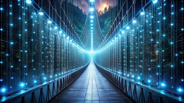 A slender suspension bridge spanning a digital void its cables woven with circuitry and led lights symbolizing cyber security