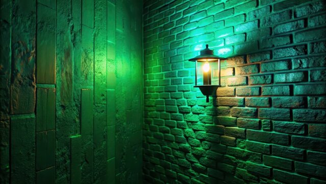 Amidst the void of a deserted nightclub an isolated beacon of emerald luminescence flickers on a solitary wall