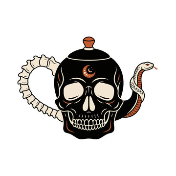 Skull teapot illustration decorated with a snake spout and spine handle for Halloween designs.