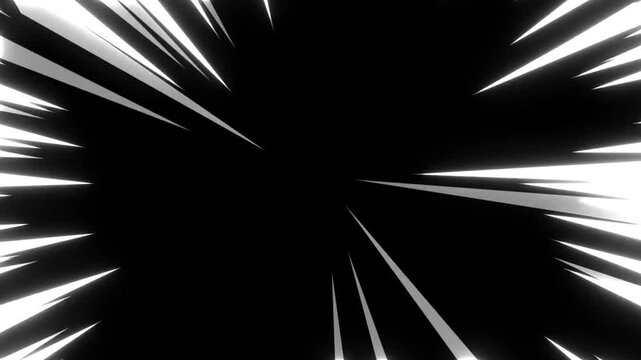 White anime speed lines seamless motion on black. Anime style radial comic speed lines. Flash action, velocity lines. Comic book, manga background. Moving with the speed of light. Fast light trails
