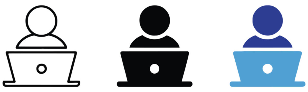 Laptop user remote work and freelancing profile icons for digital employment, home office, online business, and professional careers