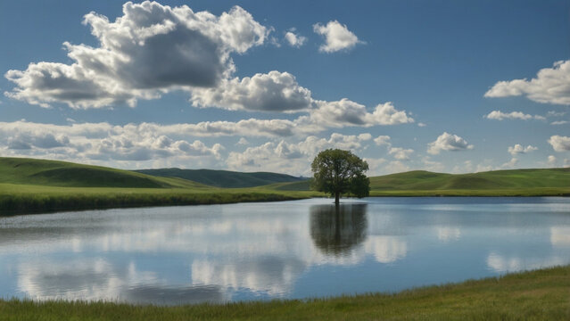Peaceful landscape showcasing a serene lake, rolling hills, and a solitary tree under a sky with wispy white clouds.