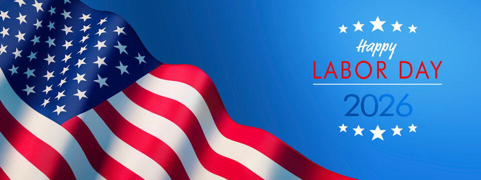Happy Labor Day greeting banner. Festive design with wawing american flag. USA banner for sale, discount, advertisement, web - 3D illustration