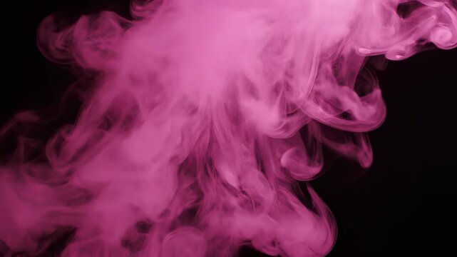 Pink smoke cloud emerging and swirling elegantly against a dark background in cinematic motion