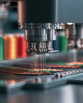 Industrial embroidery machine stitching colorful patterns on fabric