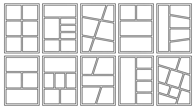 Comic book strip templates, 10 blank manga panel layouts. Minimalist storyboard frames for graphic novels and storytelling illustrations.