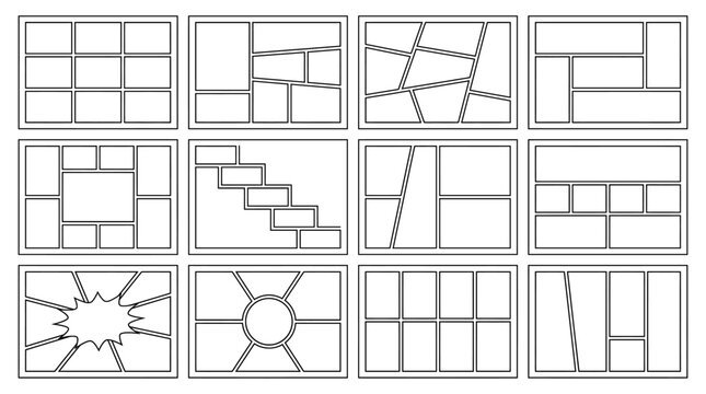 Comic book panel templates, 12 storyboard layout frames, manga page grid collection, blank graphic novel frames for storytelling