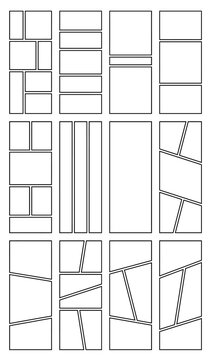 Minimalist comic strip templates, 12 blank storyboard layouts for manga and graphic novels, black and white vector panel set