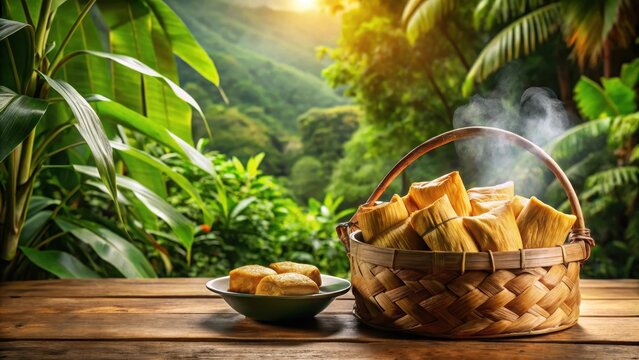 A steaming basket of delicious traditional brazilian pamonha sat atop a rustic wooden table amidst lush tropical greenery