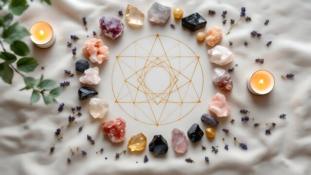 Spiritual Healing Crystal Grid with Burning Candles and Lavender on Fabric Backdrop